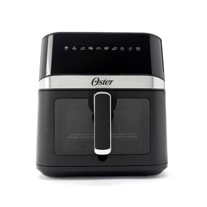 Oster 6-quart digital air fryer in black with ClearView window and front-facing touch display.