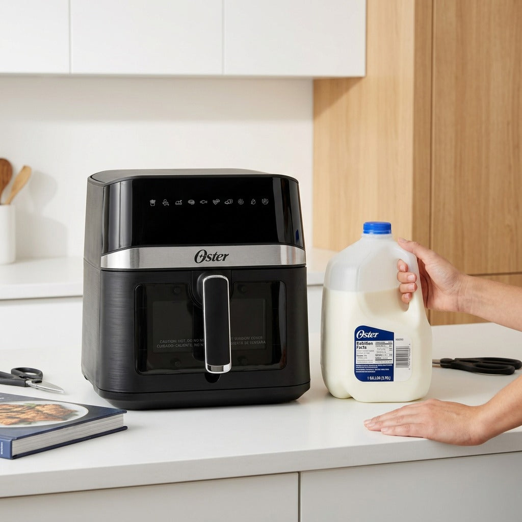 Scale reference of a black Oster 6-quart digital air fryer next to a gallon of milk on a counter.