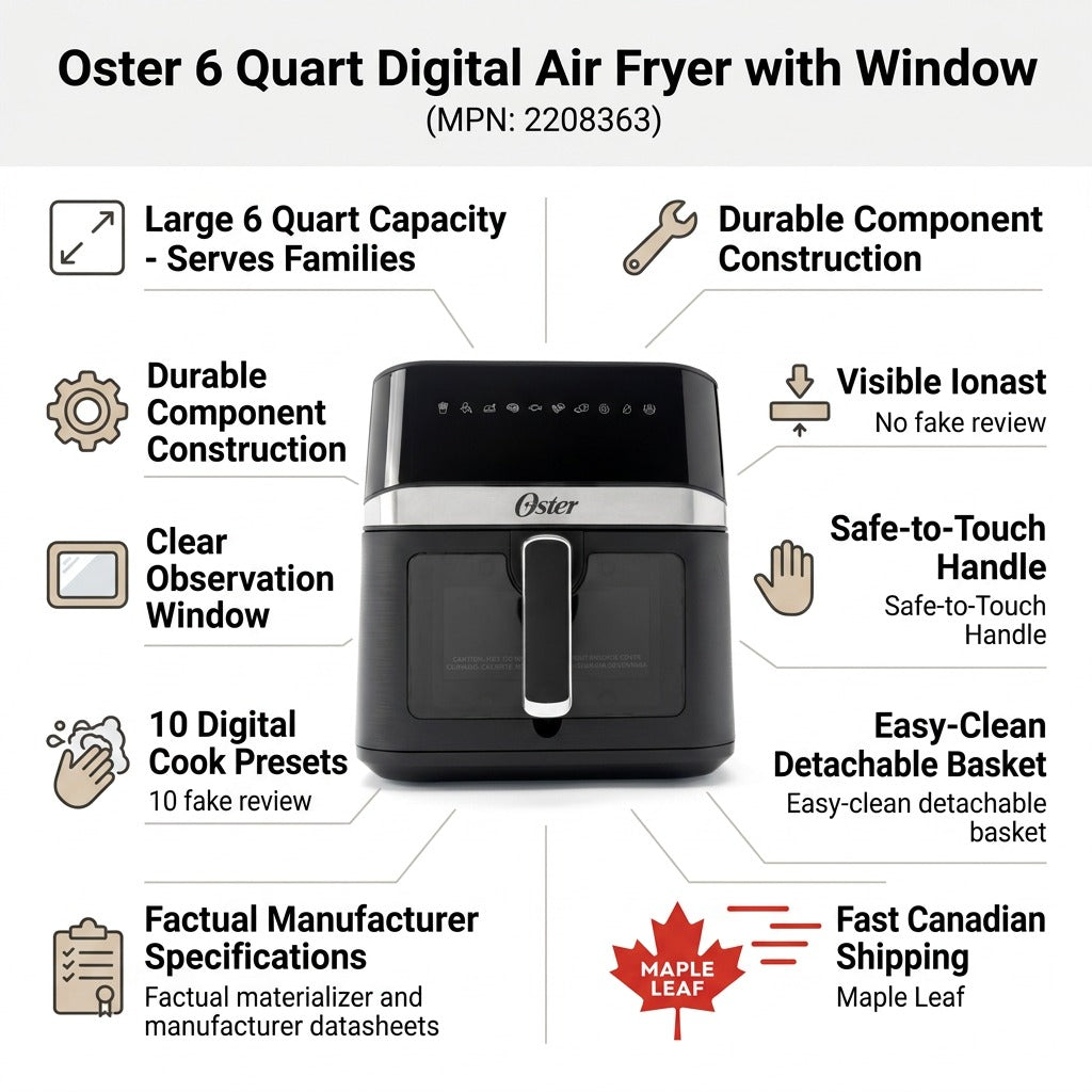 Infographic for Oster 6-Quart Digital Air Fryer highlighting its window, presets, and durable build.