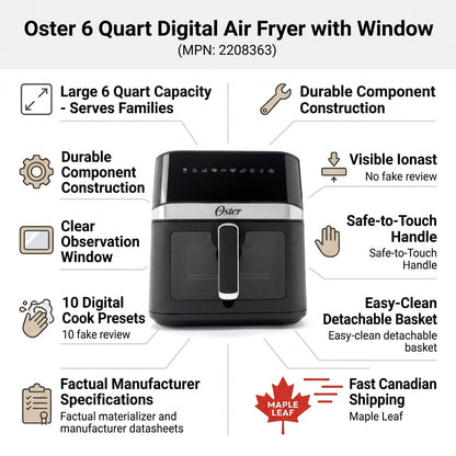 Infographic for Oster 6-Quart Digital Air Fryer highlighting its window, presets, and durable build.