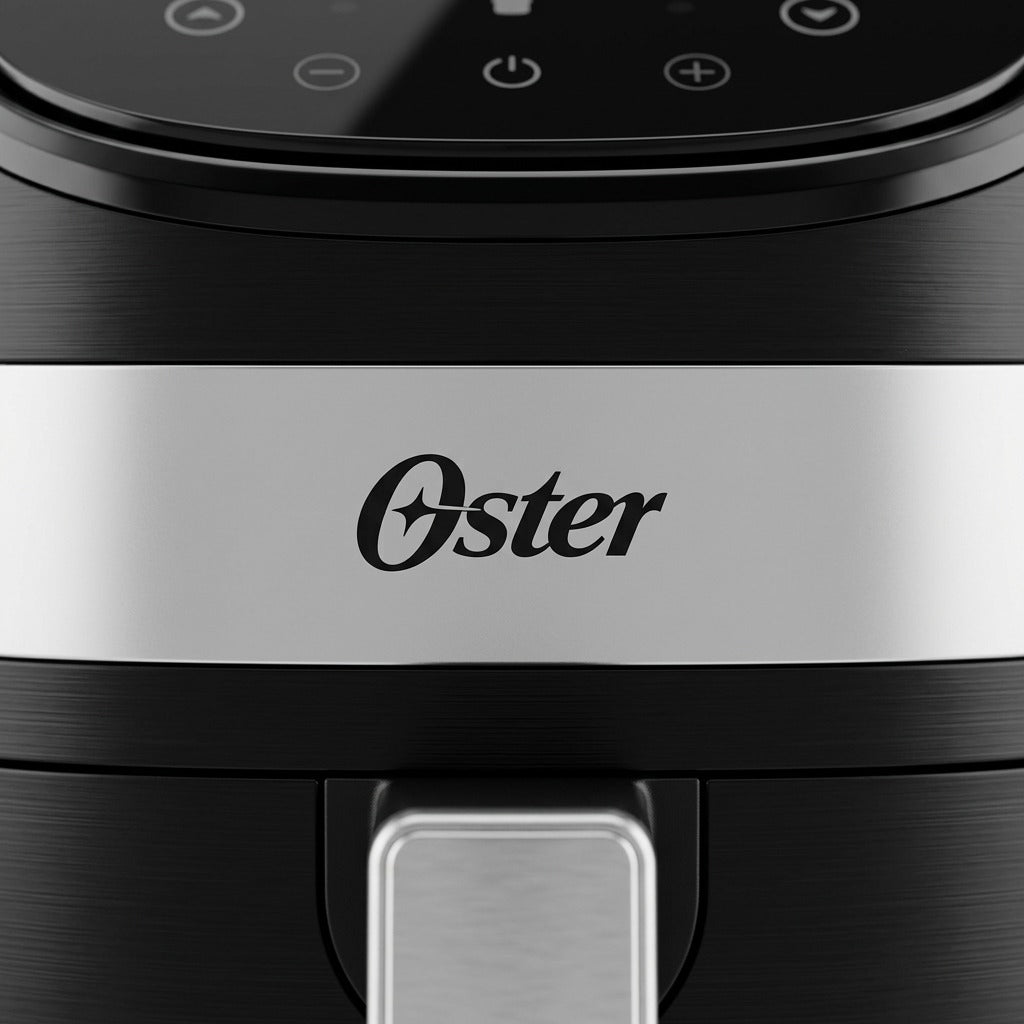 Macro detail of Oster 6-Quart Digital Air Fryer showing the logo and brushed metal finish.
