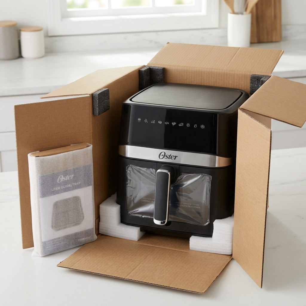 Oster 6-Quart Digital Air Fryer inside a shipping box with protective foam inserts and user guide.