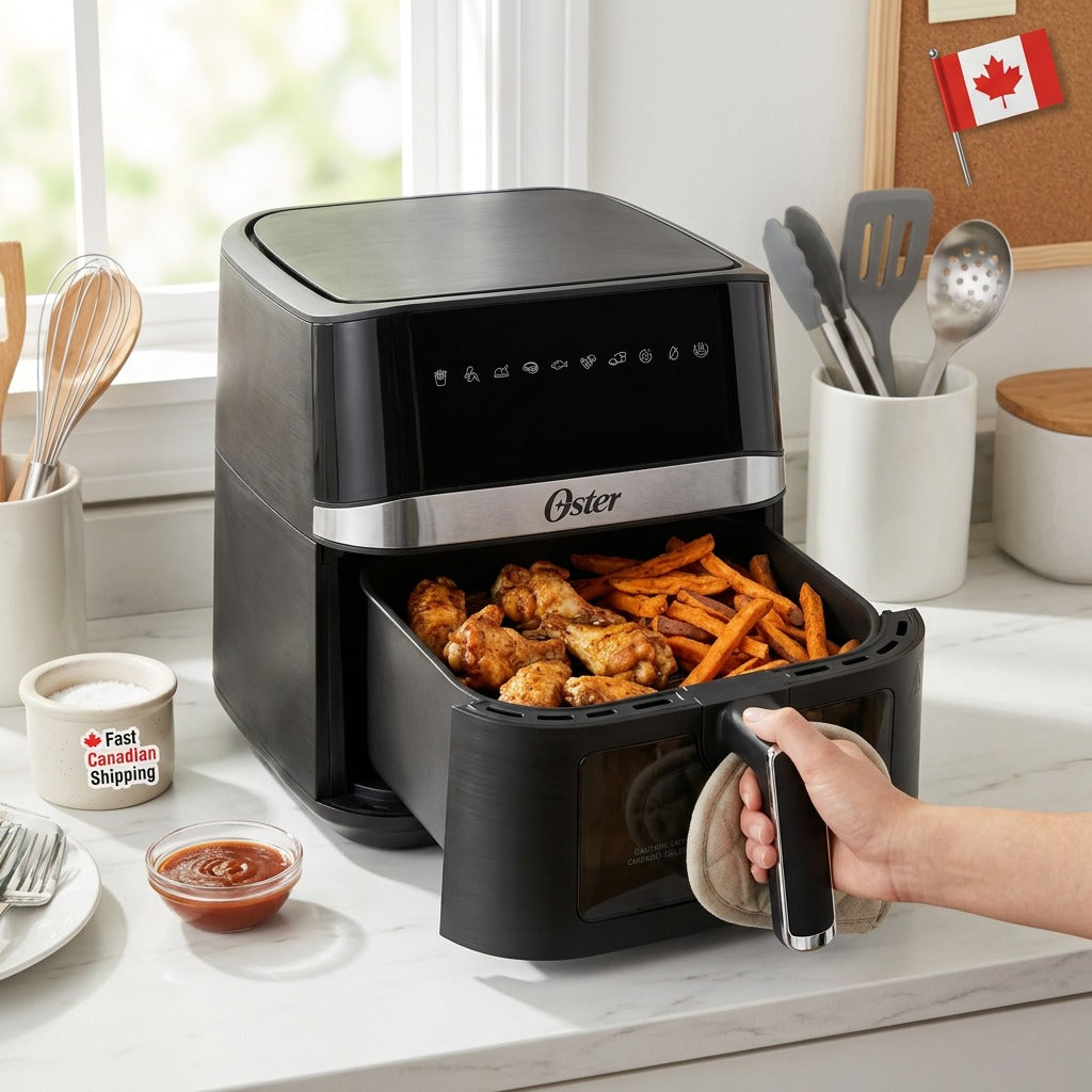 A hand opens the drawer of a black Oster 6-quart Digital Air Fryer filled with chicken and fries.