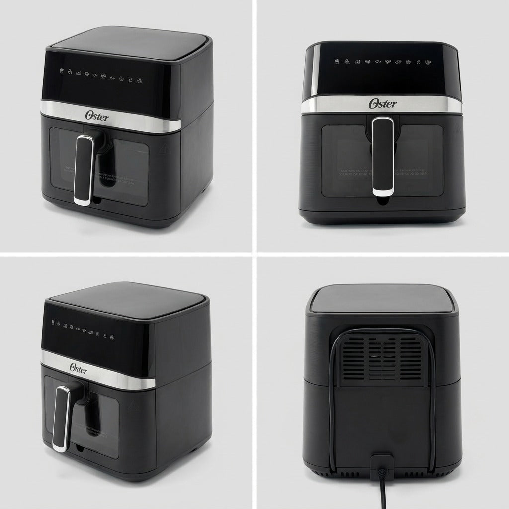 A four-panel grid showing the Oster 6-Quart Digital Air Fryer from front, side, and rear angles.