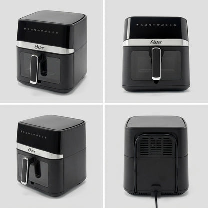 A four-panel grid showing the Oster 6-Quart Digital Air Fryer from front, side, and rear angles.