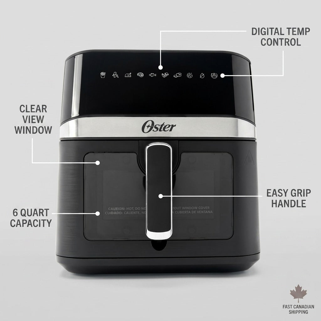 Feature callout for Oster 6-Quart Digital Air Fryer highlighting the window and touch controls.