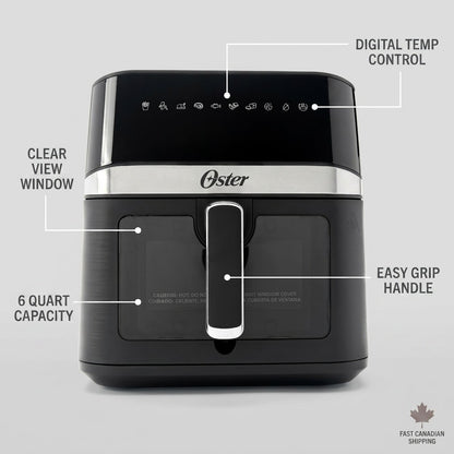 Feature callout for Oster 6-Quart Digital Air Fryer highlighting the window and touch controls.