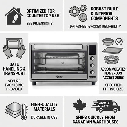 Infographic for Oster 2210052 Digital Air Fryer Toaster Oven highlighting fast Canadian shipping.