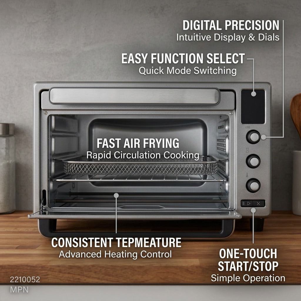 Feature graphic of the Oster 2210052 Air Fryer Toaster Oven highlighting digital precise controls.