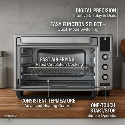 Feature graphic of the Oster 2210052 Air Fryer Toaster Oven highlighting digital precise controls.