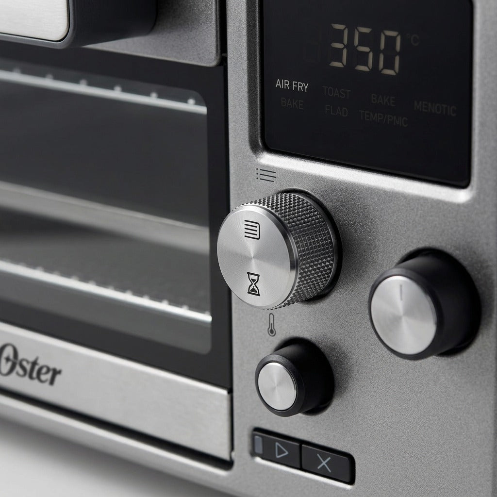 Macro detail of the Oster 2210052 digital air fryer toaster oven's brushed metal control knobs.