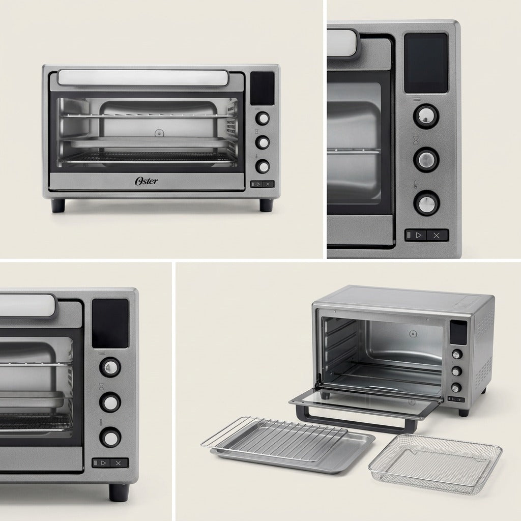 Matrix of Oster 2210052 Digital Air Fryer Toaster Oven views showing controls, racks, and tray.