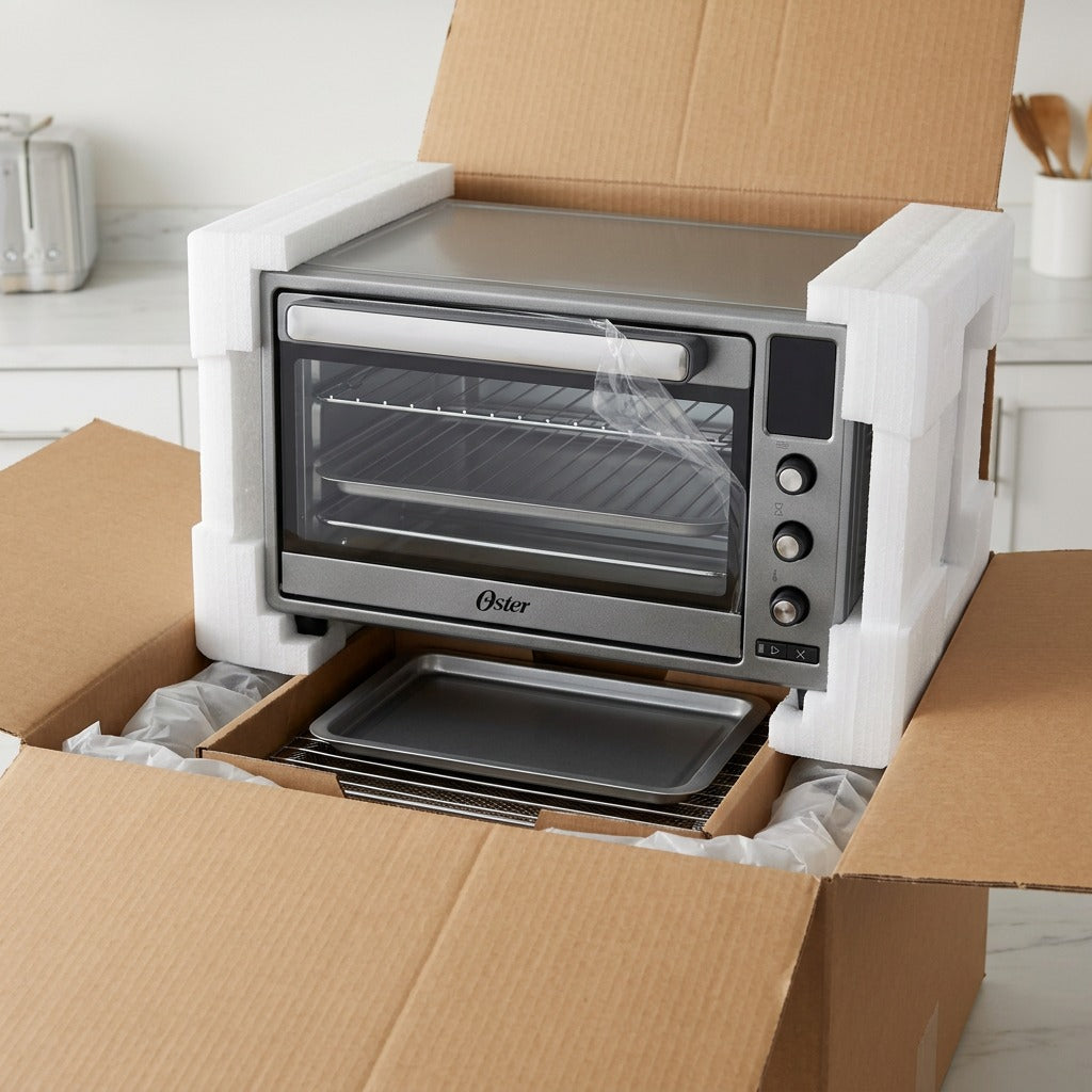 Oster 2210052 Digital Air Fryer Toaster Oven unboxing from shipping box with protective foam.