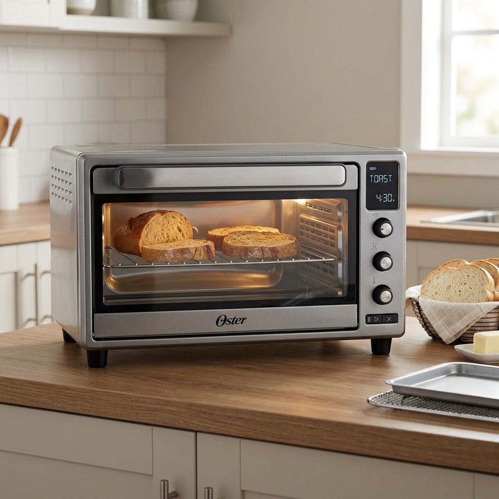Stainless steel Oster 2210052 Digital Air Fryer Toaster Oven toasting bread on a kitchen counter.