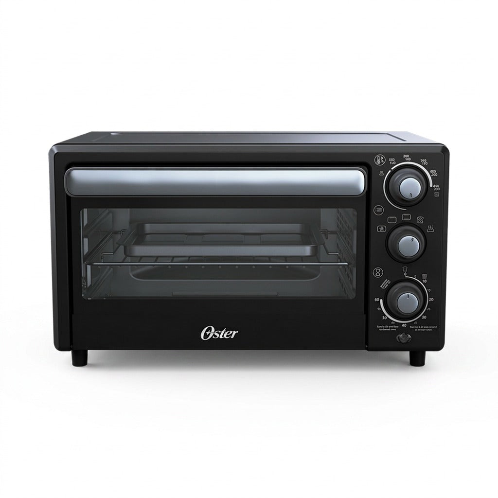 Oster 17L Compact Air Fryer Toaster Oven in black with three control dials and a glass door.