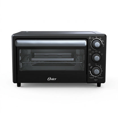 Oster 17L Compact Air Fryer Toaster Oven in black with three control dials and a glass door.