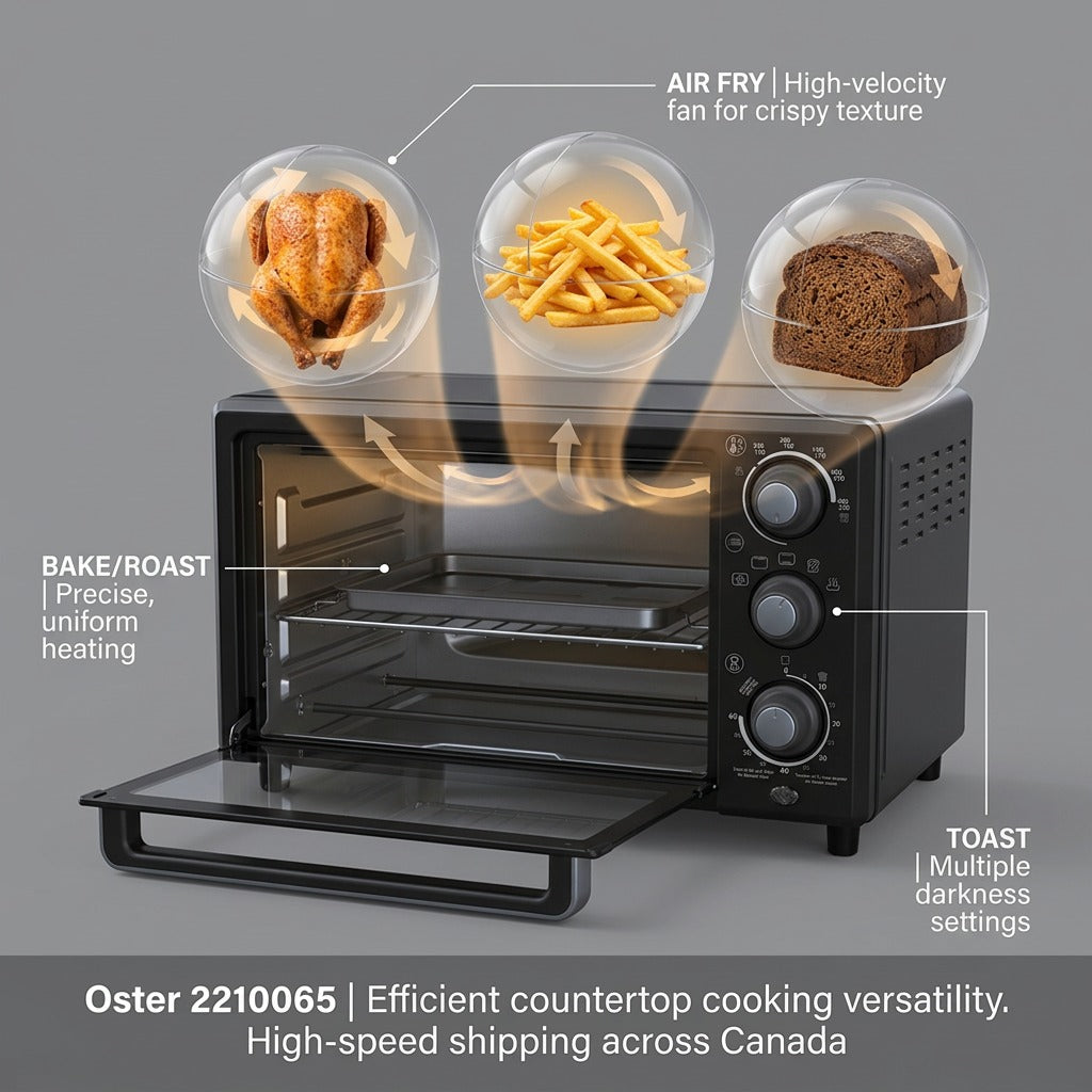 Feature graphic for Oster 2210065 Compact Air Fryer Oven highlighting air fry, bake, and toast.