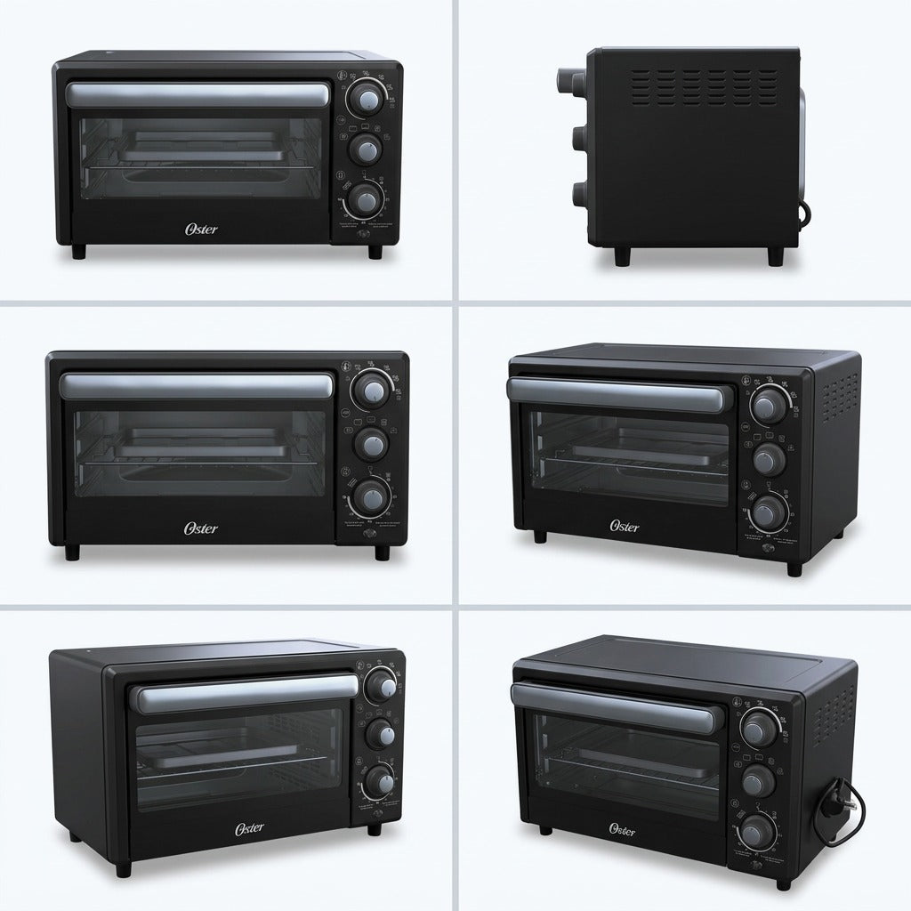 Grid showing the black Oster Compact Air Fryer Oven from multiple angles including front and side.