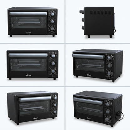Grid showing the black Oster Compact Air Fryer Oven from multiple angles including front and side.