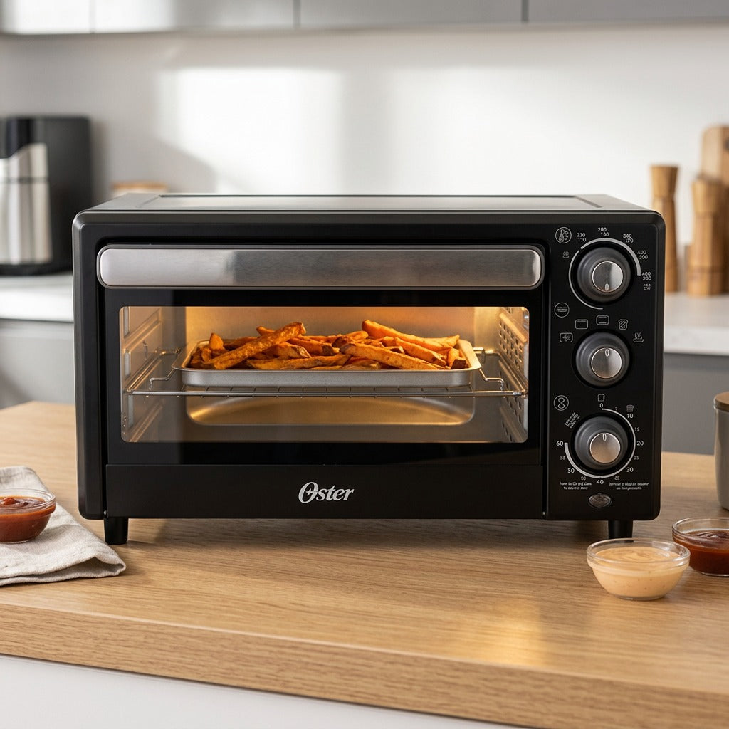 Black Oster 4-in-1 Compact Air Fryer Oven cooking a tray of french fries on a kitchen countertop.