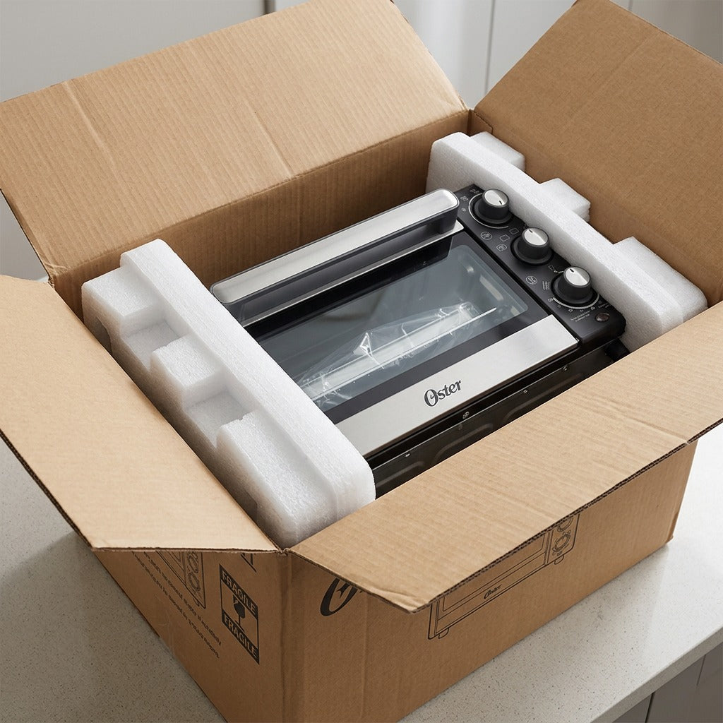 An Oster Compact Air Fryer Oven securely packed inside a cardboard box with foam inserts.