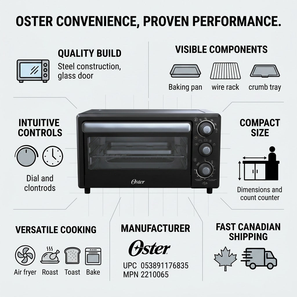 Oster Compact Air Fryer Oven infographic highlighting quality build, 4-in-1 cooking, and Canadian shipping.