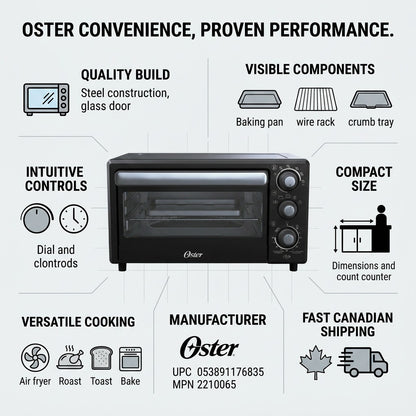 Oster Compact Air Fryer Oven infographic highlighting quality build, 4-in-1 cooking, and Canadian shipping.