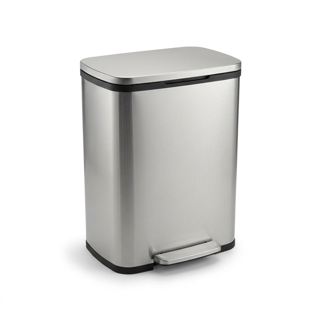 Tramontina 13 gallon step can in smudge-free stainless steel with a soft-close lid and foot pedal.