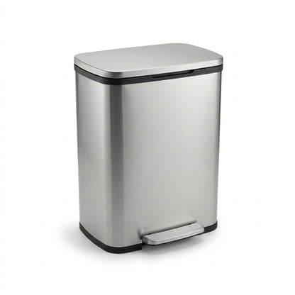 Tramontina 13 gallon step can in smudge-free stainless steel with a soft-close lid and foot pedal.