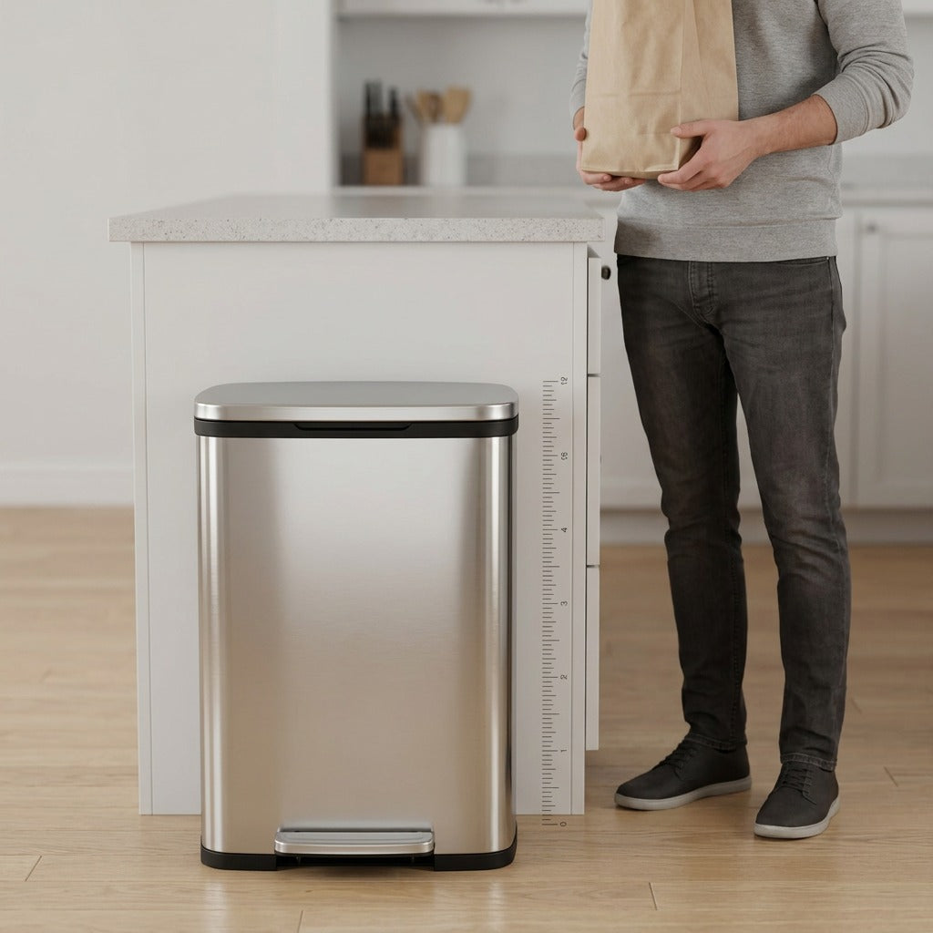 Scale of Tramontina 13 gallon step can shown next to a kitchen island and a person for size.