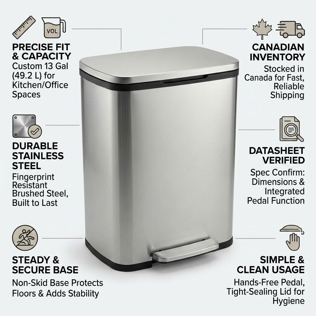 Infographic for Tramontina 13 Gallon Stainless Steel Step Can highlighting Canadian inventory, soft-close lid, and non-skid base.