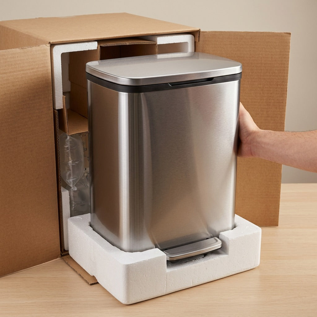 A Tramontina 13-gallon stainless steel step can being unboxed from a secure shipping carton.