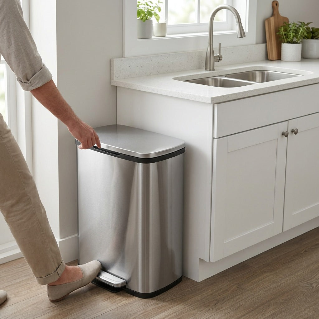 A person uses the foot pedal on a Tramontina 13 gallon stainless steel step can in a modern kitchen.