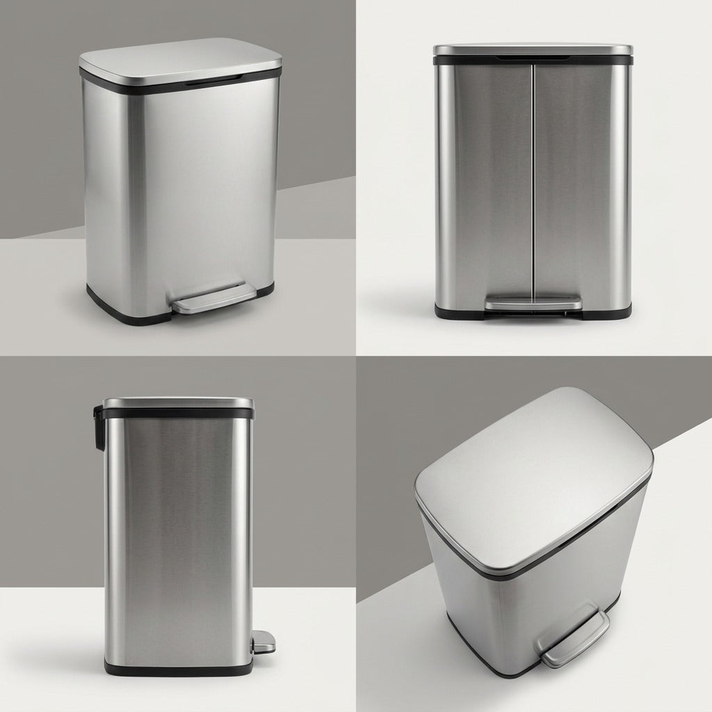 Four-grid view of the Tramontina 13 Gal stainless steel step can from front, side, and top angles.