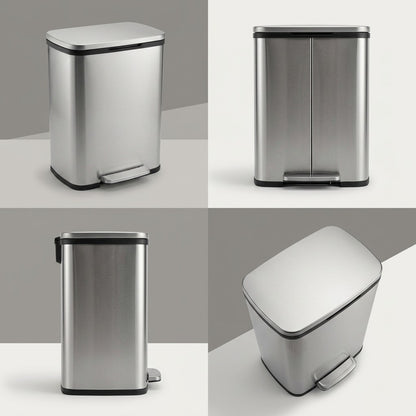 Four-grid view of the Tramontina 13 Gal stainless steel step can from front, side, and top angles.