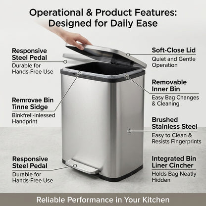 Tramontina 13 gallon step can with callouts for soft-close lid, steel pedal, and stainless steel.