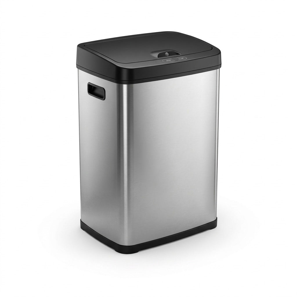 Tramontina 13-gallon rectangular sensor trash can in brushed stainless steel with black lid.