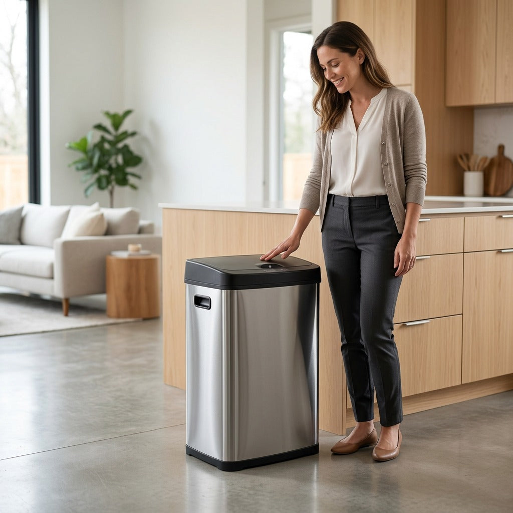 Woman standing next to a Tramontina 13 Gal stainless steel sensor trash can for size reference.