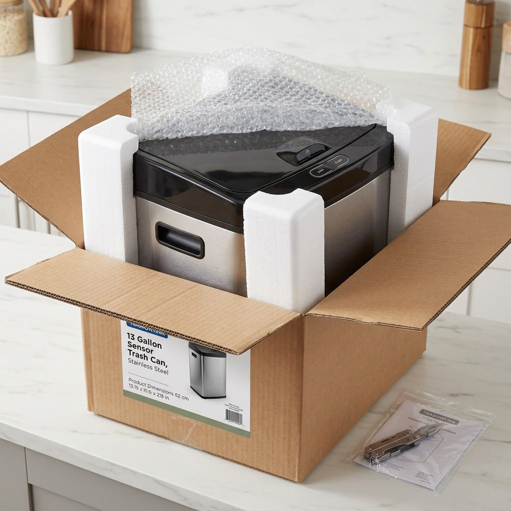 Tramontina 13-gallon stainless steel sensor trash can secured in a shipping box with foam and bubble wrap.