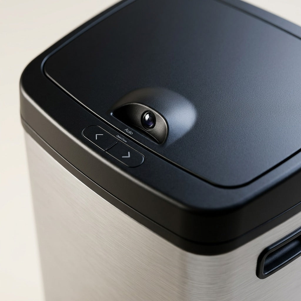 Close-up of the Tramontina 13-gallon trash can sensor and control buttons on the matte black lid.