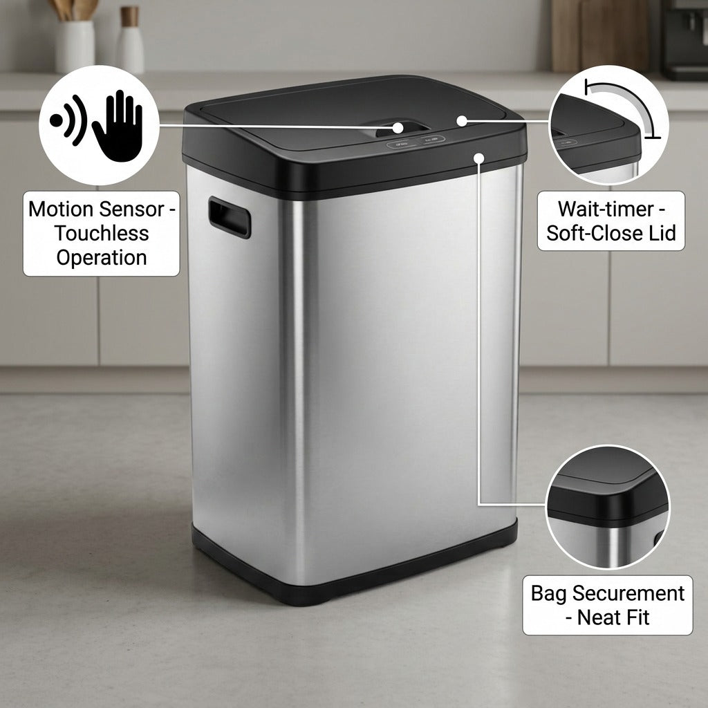 Tramontina 13 Gal Sensor Trash Can with callouts highlighting motion sensor and soft-close lid.