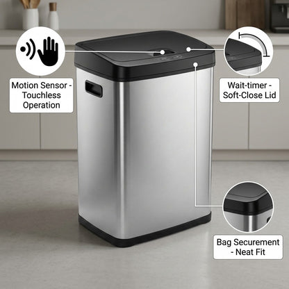 Tramontina 13 Gal Sensor Trash Can with callouts highlighting motion sensor and soft-close lid.