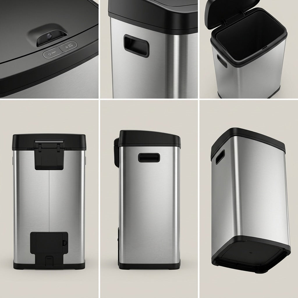 Tramontina 13-gallon sensor trash can shown from multiple angles, featuring the lid, sensor, and base.