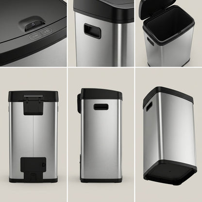 Tramontina 13-gallon sensor trash can shown from multiple angles, featuring the lid, sensor, and base.