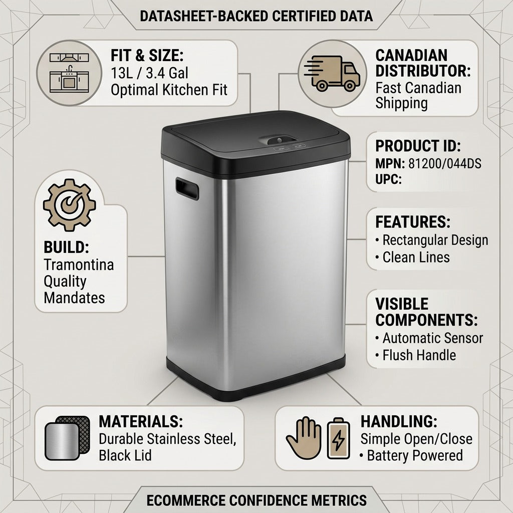 Tramontina 13-gallon sensor trash can infographic features stainless steel build and fast Canadian shipping.