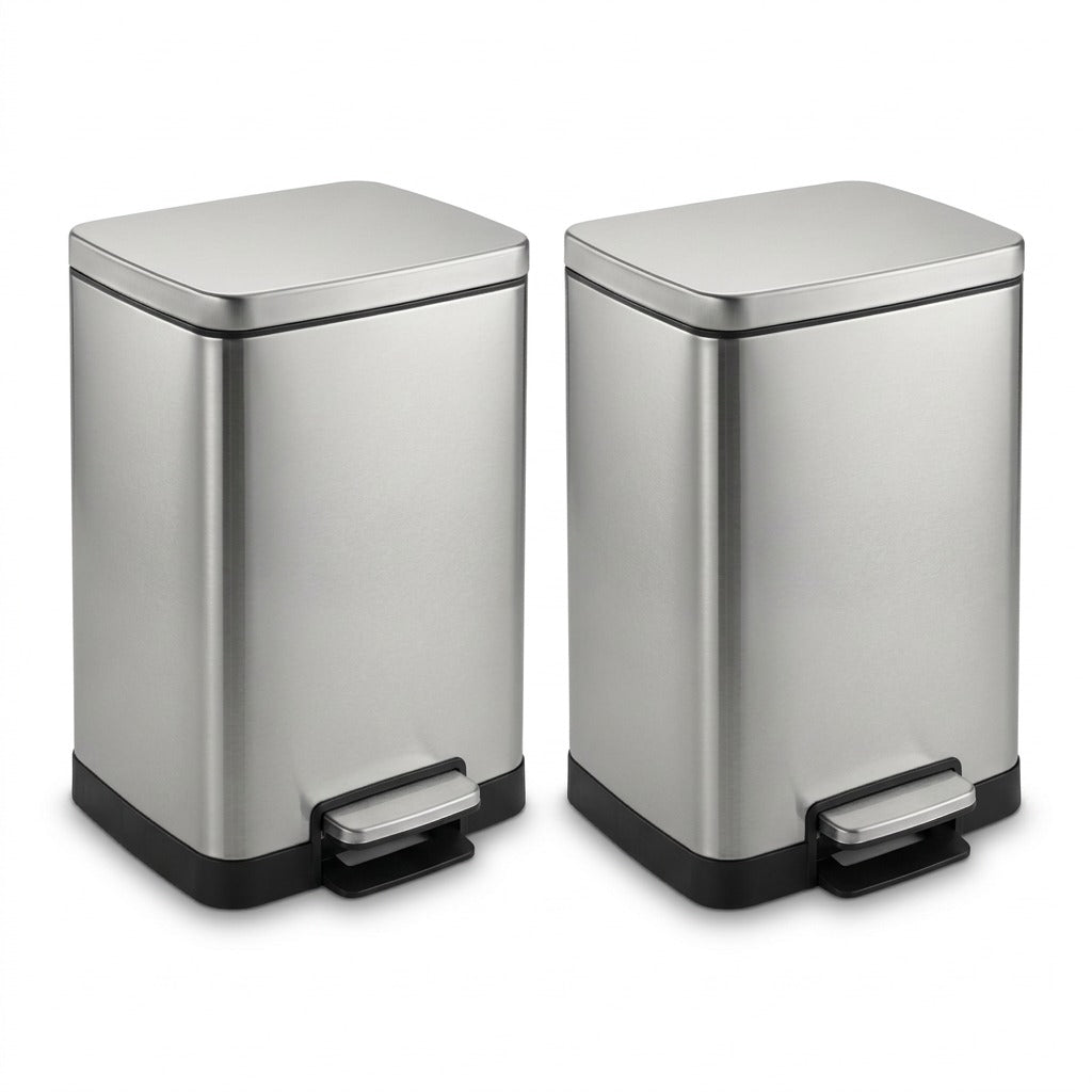 Two-pack of Tramontina 2-gallon rectangular stainless steel step cans with black bases.