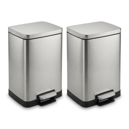 Two-pack of Tramontina 2-gallon rectangular stainless steel step cans with black bases.