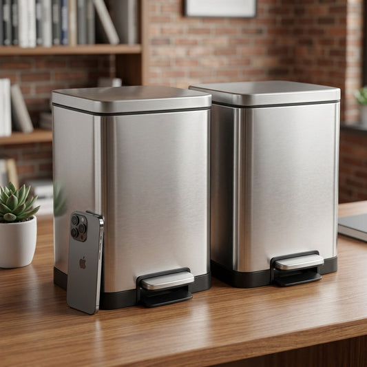 Two Tramontina 2-gallon stainless steel step cans on a desk beside a smartphone for scale.