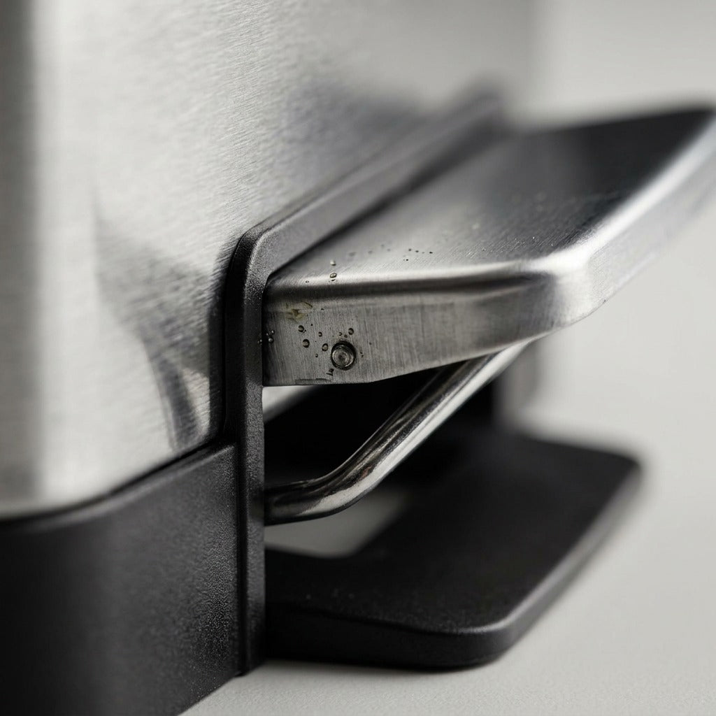 Macro detail of the durable stainless steel foot pedal on a Tramontina 2-gallon step can.