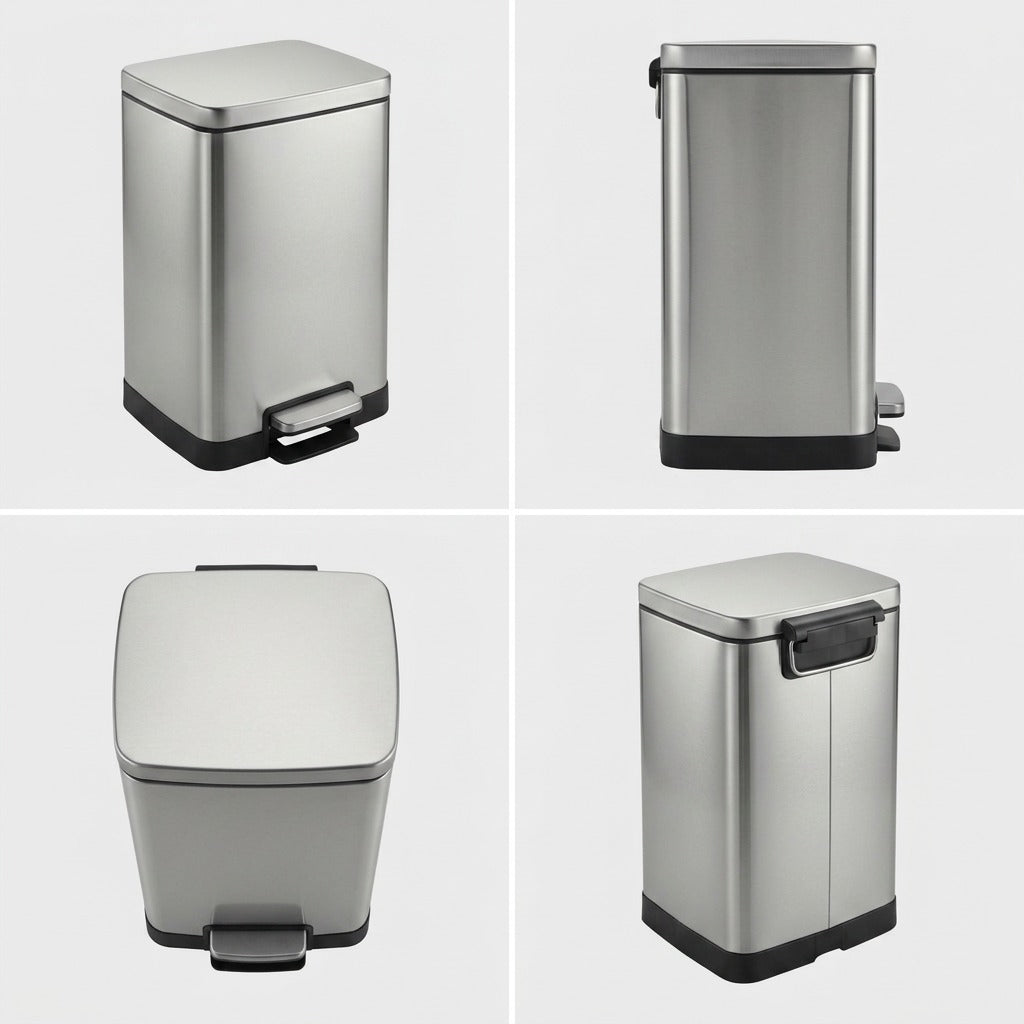 Four angles of the Tramontina 2-Gallon stainless steel step can showing front, side, and top views.